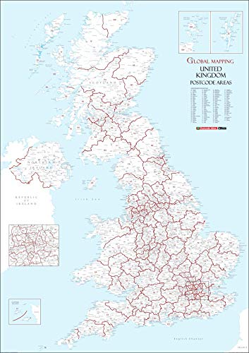 UK White Código Postal Areas Medium Wall Mapa - Recubierto de plástico