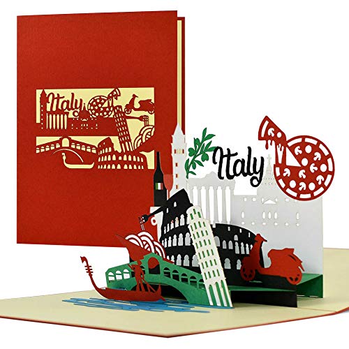A123AMZ Vale de viaje a Italia, Roma, Venecia en formato de tarjeta desplegable en 3D con diseño de paisaje urbano de Italia, bono de hotel para ella o él
